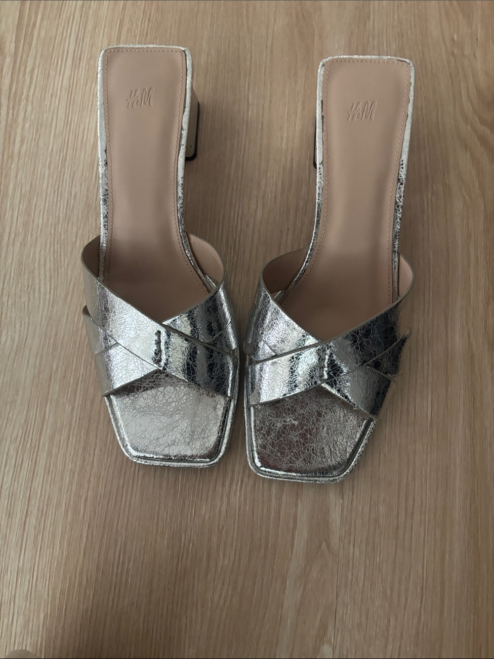 H&M Metallic Silver Cracked Leather Mule Slides
